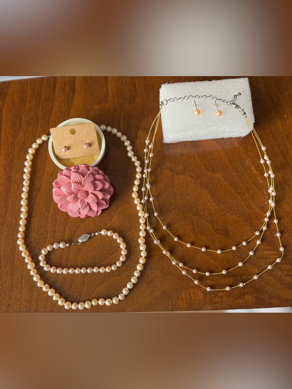 Pink pearl necklace, bracelet, 2 pair Pink ball earrings! 3 strand necklace!